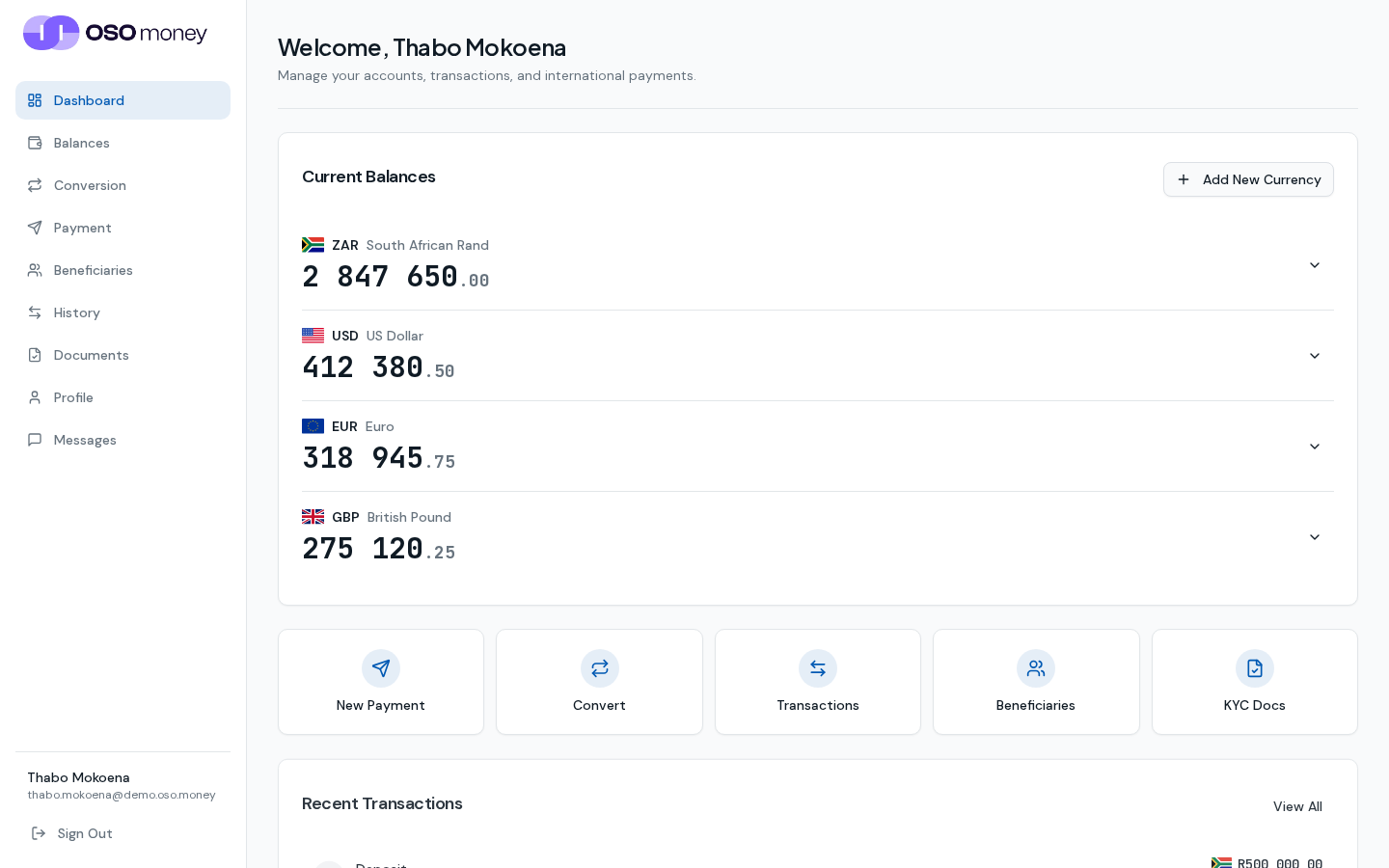 OSO Money platform dashboard showing multi-currency balances in ZAR, USD, EUR and GBP with payment and conversion actions